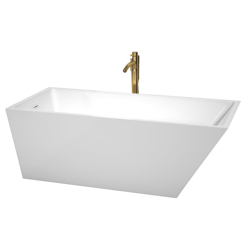 Wyndham Hannah 67" Soaking Bathtub In White With Shiny White Trim And Floor Mounted Faucet In Brushed Gold WCBTK150167SWATPGD