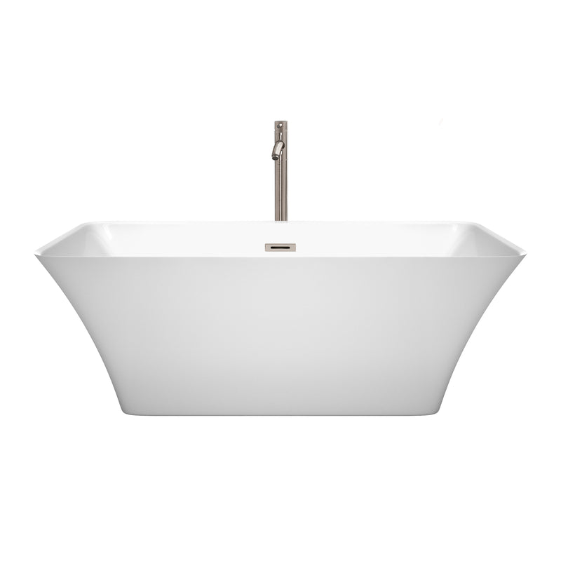 Wyndham Tiffany 59" Small Soaking Bathtub in White Brushed Nickel Trim and Brushed Nickel Floor Mounted Faucet WCBTK150459ATP11BN