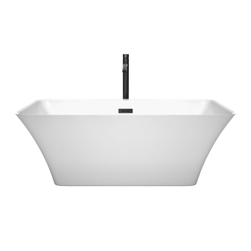 Wyndham Tiffany 59" Small Soaking Bathtub in White with Floor Mounted Faucet Drain and Overflow Trim in Matte Black WCBTK150459MBATPBK