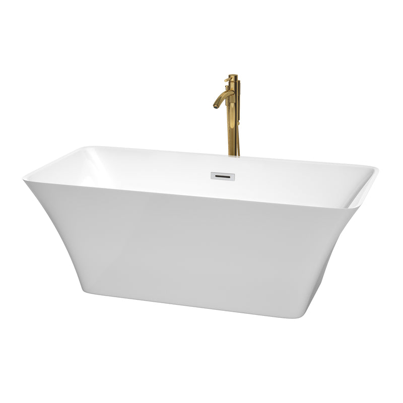 Wyndham Tiffany 59" Small Soaking Bathtub In White With Polished Chrome Trim And Floor Mounted Faucet In Brushed Gold WCBTK150459PCATPGD