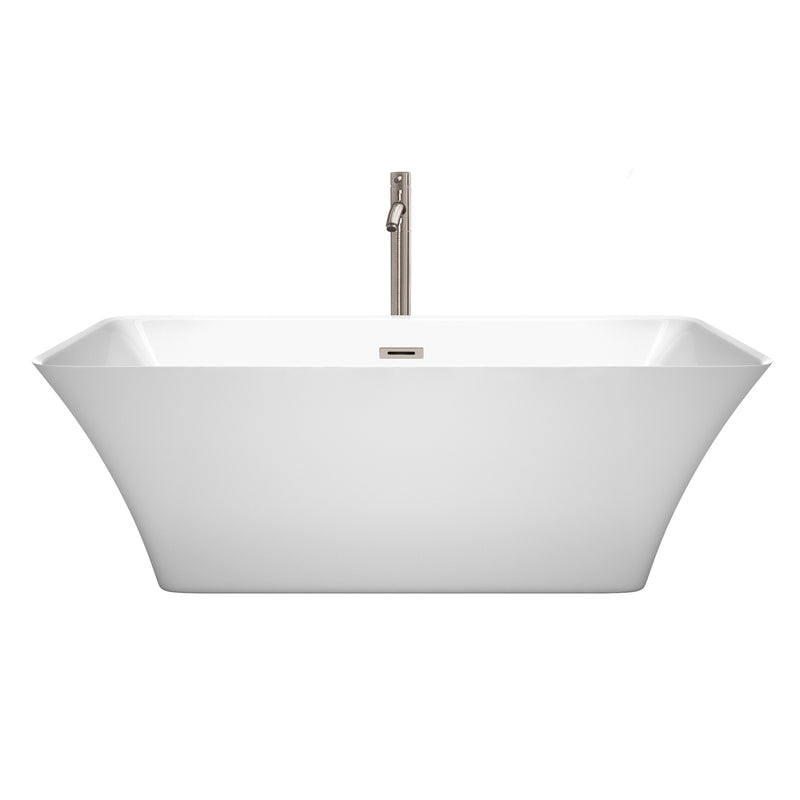 Wyndham Tiffany 67" Large Soaking Bathtub in White Brushed Nickel Trim and Brushed Nickel Floor Mounted Faucet WCBTK150467ATP11BN