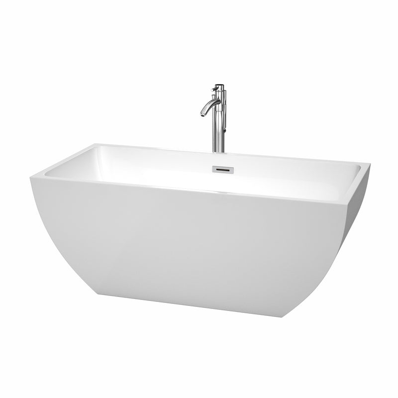 Wyndham Rachel 59" Freestanding Bathtub In White With Floor Mounted Faucet Drain And Overflow Trim In Polished Chrome WCBTK150559ATP11PC