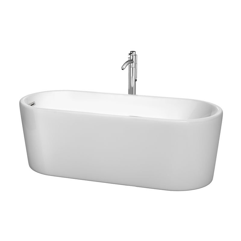 Wyndham Ursula 67" Freestanding Bathtub In White With Polished Chrome Drain And Overflow Trim And Floor Mounted Faucet WCBTK151167ATP11PC