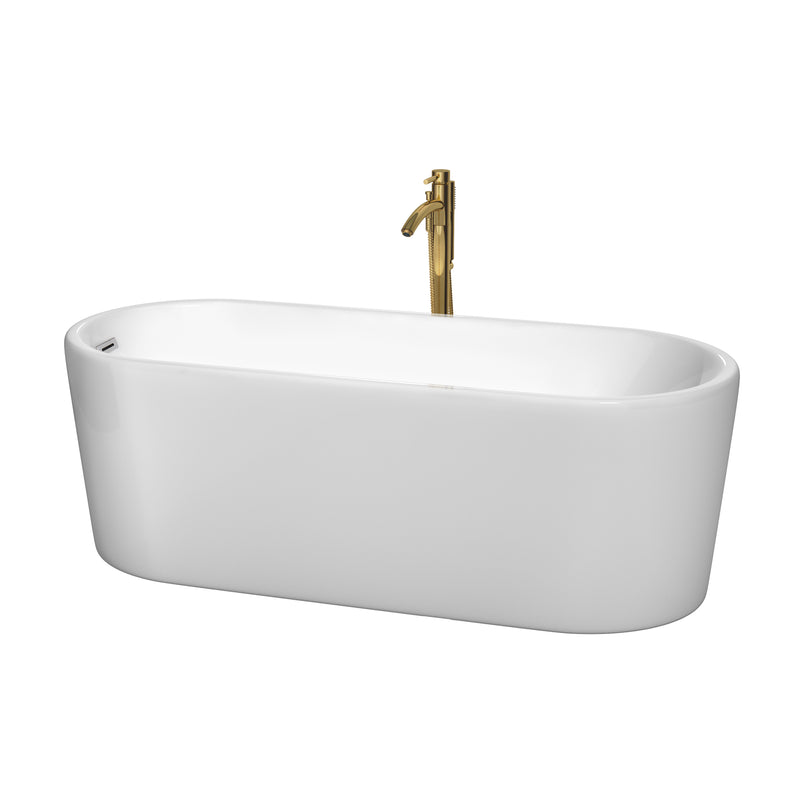 Wyndham Ursula 67" Soaking Bathtub In White With Polished Chrome Trim And Floor Mounted Faucet In Brushed Gold WCBTK151167PCATPGD