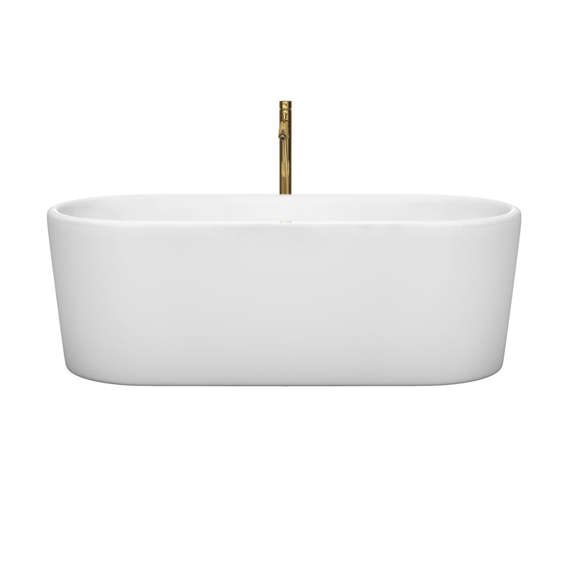 Wyndham Ursula 67" Soaking Bathtub in White with Shiny White Trim and Floor Mounted Faucet in Brushed Gold WCBTK151167SWATPGD