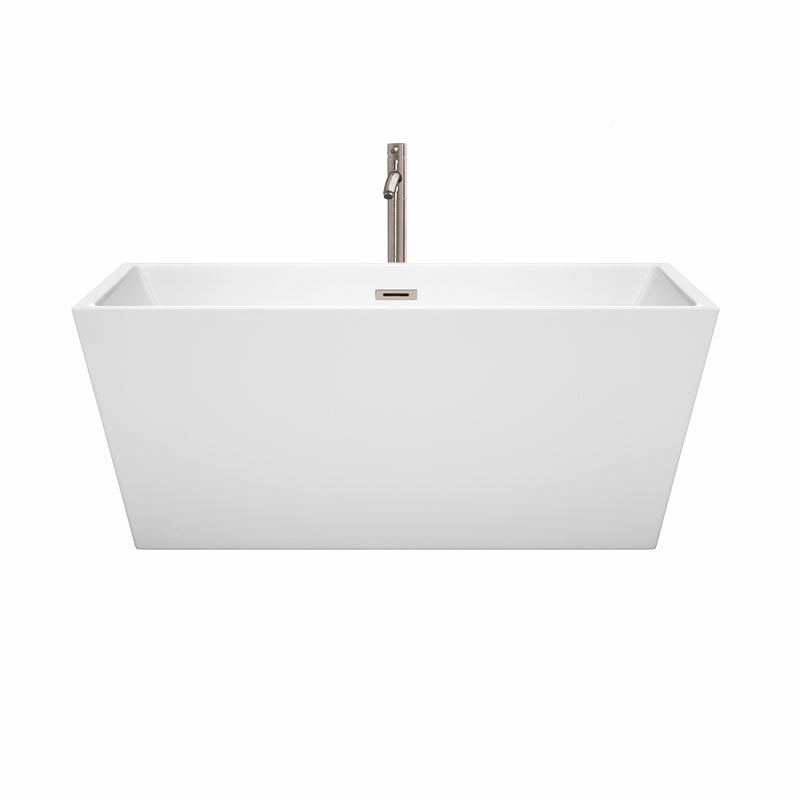 Wyndham Sara 59" Soaking Bathtub in White Brushed Nickel Trim and Brushed Nickel Floor Mounted Faucet WCBTK151459ATP11BN