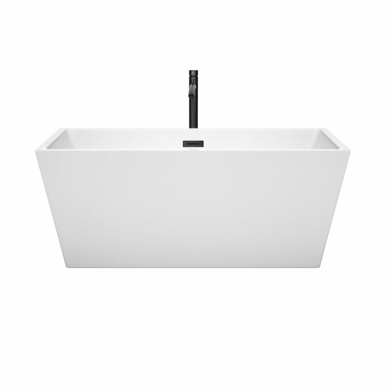 Wyndham Sara 59" Soaking Bathtub in White with Floor Mounted Faucet Drain and Overflow Trim in Matte Black WCBTK151459MBATPBK