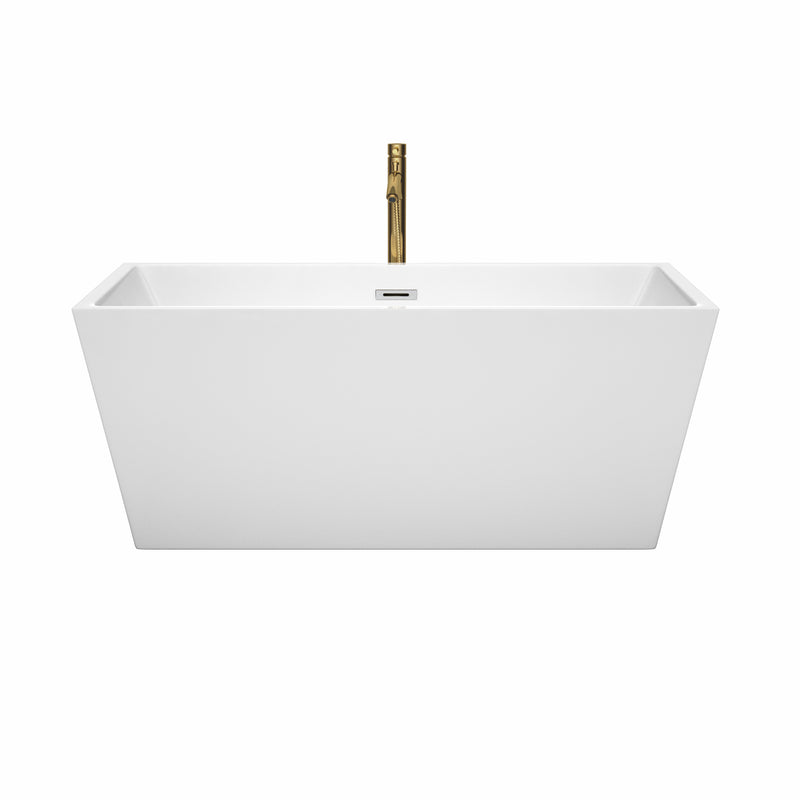 Wyndham Sara 59" Soaking Bathtub in White with Polished Chrome Trim and Floor Mounted Faucet in Brushed Gold WCBTK151459PCATPGD