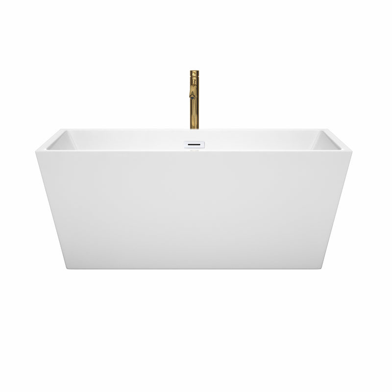 Wyndham Sara 59" Soaking Bathtub in White with Shiny White Trim and Floor Mounted Faucet in Brushed Gold WCBTK151459SWATPGD