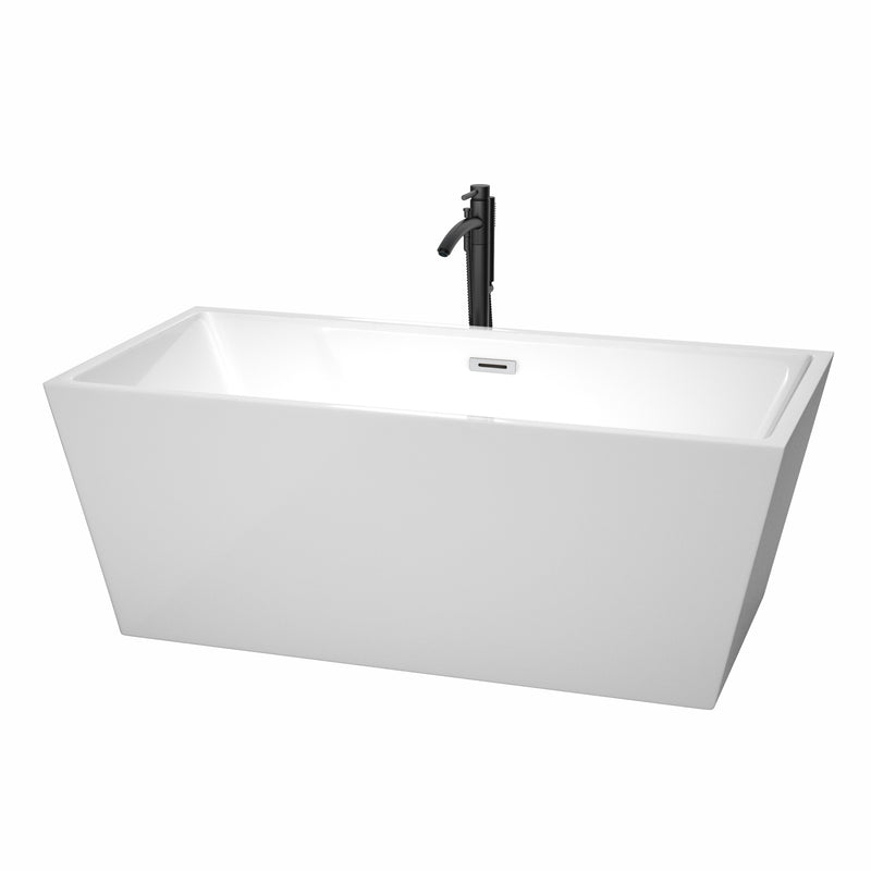 Wyndham Sara 63" Soaking Bathtub In White With Polished Chrome Trim And Floor Mounted Faucet In Matte Black WCBTK151463PCATPBK