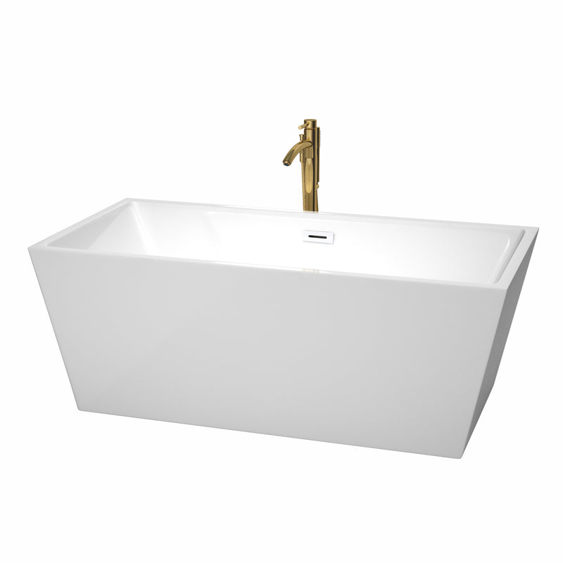 Wyndham Sara 63" Soaking Bathtub In White With Shiny White Trim And Floor Mounted Faucet In Brushed Gold WCBTK151463SWATPGD