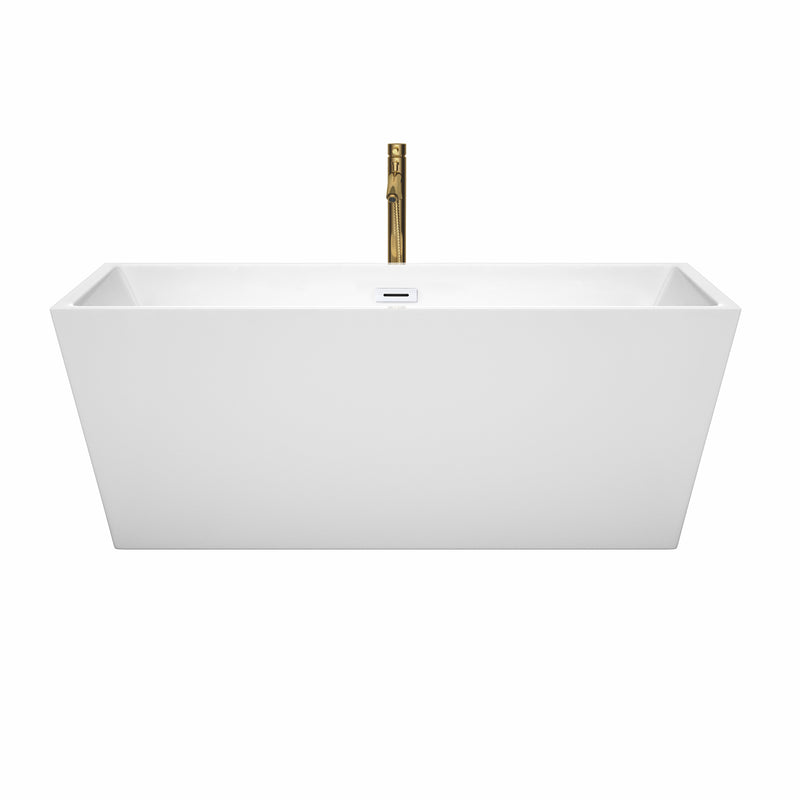 Wyndham Sara 63" Soaking Bathtub in White with Shiny White Trim and Floor Mounted Faucet in Brushed Gold WCBTK151463SWATPGD