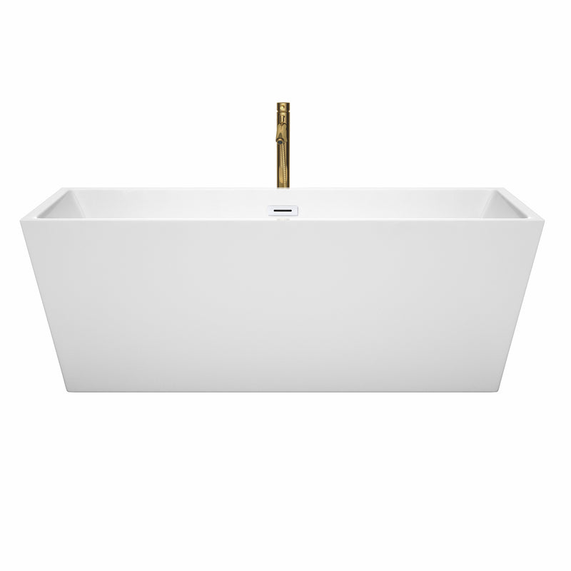 Wyndham Sara 67" Soaking Bathtub in White with Shiny White Trim and Floor Mounted Faucet in Brushed Gold WCBTK151467SWATPGD