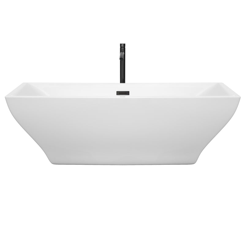 Wyndham Maryam 71" Soaking Bathtub in White with Floor Mounted Faucet Drain and Overflow Trim in Matte Black WCBTK151871MBATPBK