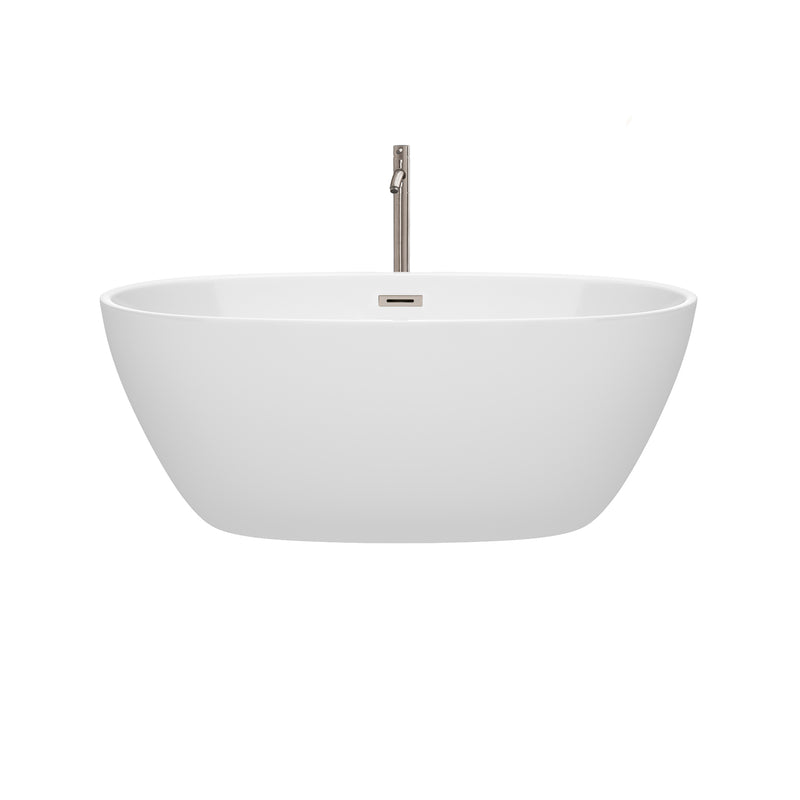 Wyndham Juno 59" Soaking Bathtub in White Brushed Nickel Trim and Brushed Nickel Floor Mounted Faucet WCBTK156159ATP11BN