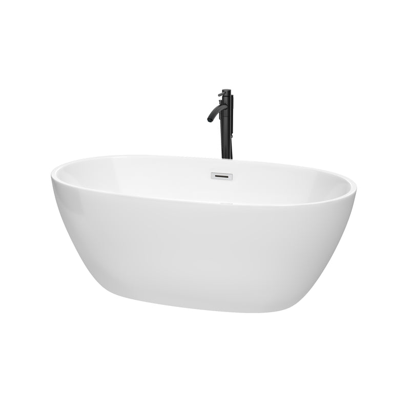 Wyndham Juno 59" Soaking Bathtub In White With Polished Chrome Trim And Floor Mounted Faucet In Matte Black WCBTK156159PCATPBK