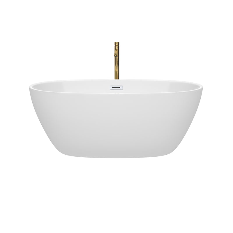 Wyndham Juno 59" Soaking Bathtub in White with Shiny White Trim and Floor Mounted Faucet in Brushed Gold WCBTK156159SWATPGD