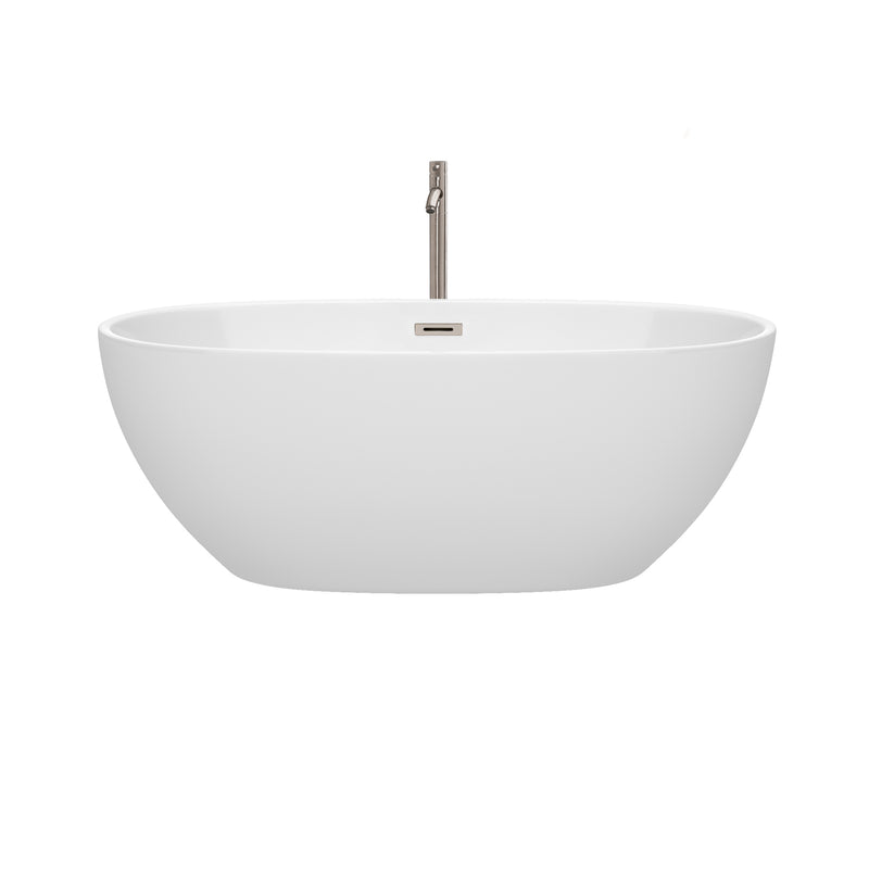 Wyndham Juno 63" Soaking Bathtub in White Brushed Nickel Trim and Brushed Nickel Floor Mounted Faucet WCBTK156163ATP11BN