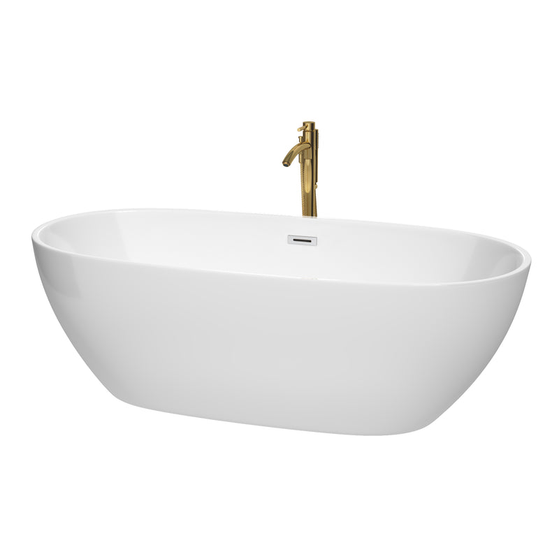 Wyndham Juno 71" Soaking Bathtub In White With Polished Chrome Trim And Floor Mounted Faucet In Brushed Gold WCBTK156171PCATPGD