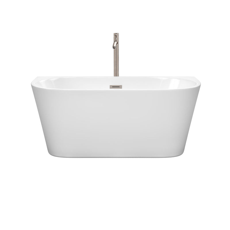 Wyndham Callie Soaking Bathtub in White with Floor Mounted Faucet Drain and Overflow Trim in Brushed Nickel WCBTM153459ATP11BN