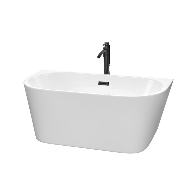 Wyndham Callie Soaking Bathtub In White With Floor Mounted Faucet Drain And Overflow Trim In Matte Black WCBTM153459MBATPBK