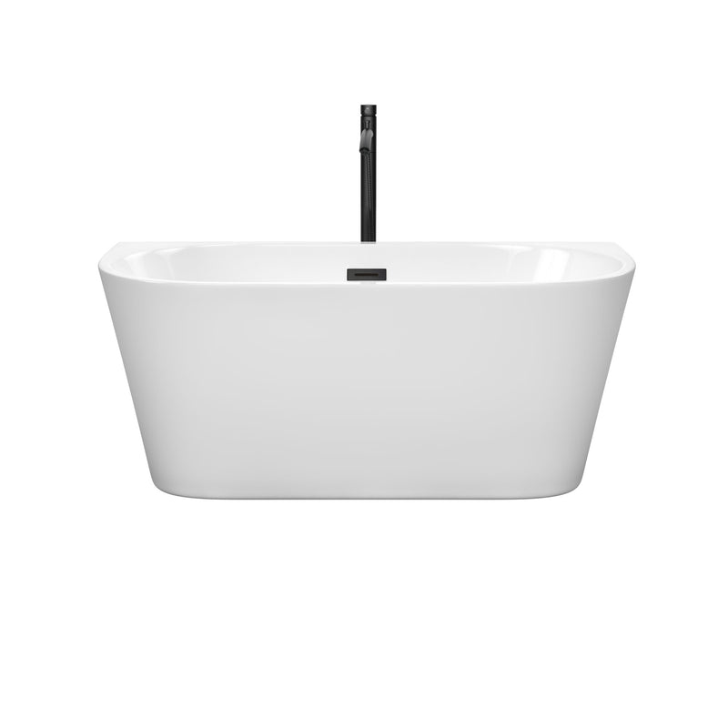 Wyndham Callie Soaking Bathtub in White with Floor Mounted Faucet Drain and Overflow Trim in Matte Black WCBTM153459MBATPBK