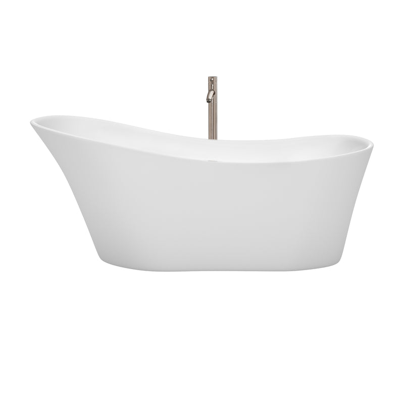 Wyndham Janice 67" Freestanding Bathtub in White with Floor Mounted Faucet Drain and Overflow Trim in Brushed Nickel WCBTO85467ATP11BN