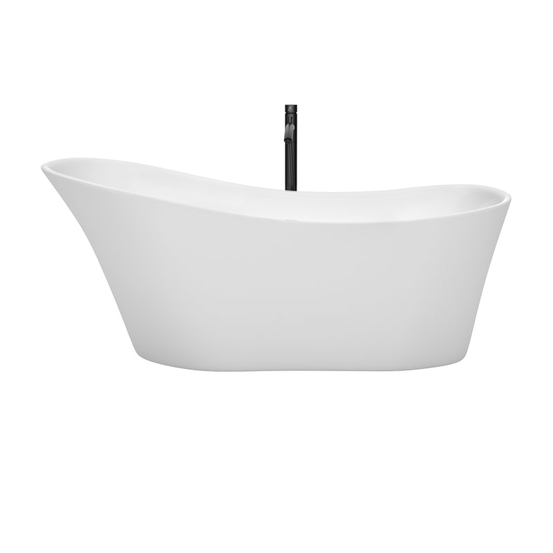 Wyndham Janice 67" Soaking Bathtub in White with Floor Mounted Faucet Drain and Overflow Trim in Matte Black WCBTO85467MBATPBK