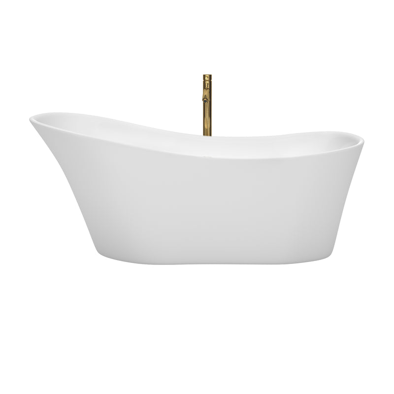 Wyndham Janice 67" Soaking Bathtub in White with Polished Chrome Trim and Floor Mounted Faucet in Brushed Gold WCBTO85467PCATPGD