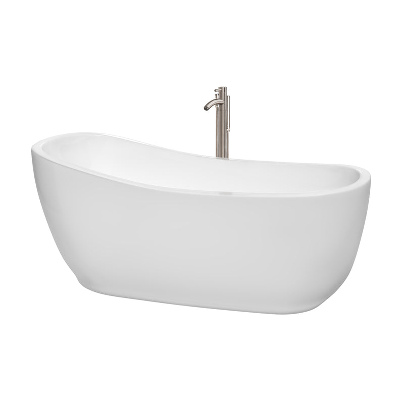 Wyndham Margaret 66" Freestanding Bathtub In White With Floor Mounted Faucet Drain And Overflow Trim In Brushed Nickel WCBTO85666ATP11BN