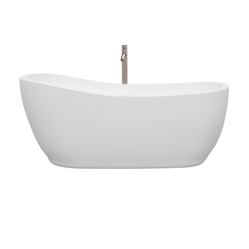 Wyndham Margaret 66" Freestanding Bathtub in White with Floor Mounted Faucet Drain and Overflow Trim in Brushed Nickel WCBTO85666ATP11BN