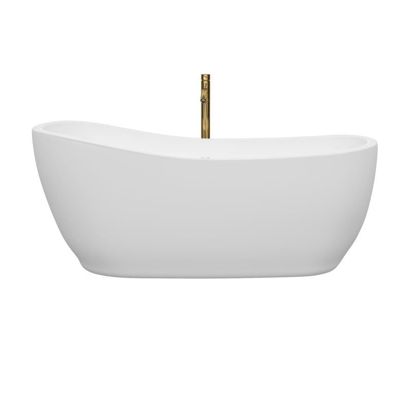 Wyndham Margaret 66" Soaking Bathtub in White with Shiny White Trim and Floor Mounted Faucet in Brushed Gold WCBTO85666SWATPGD