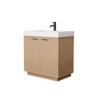 Wyndham Maroni 36" Single Bathroom Vanity In Light Straw Matte White Solid Surface In 4" Thickness Integrated Sink Black Trims And No Mirror WCF282836SLBK4INTMXX