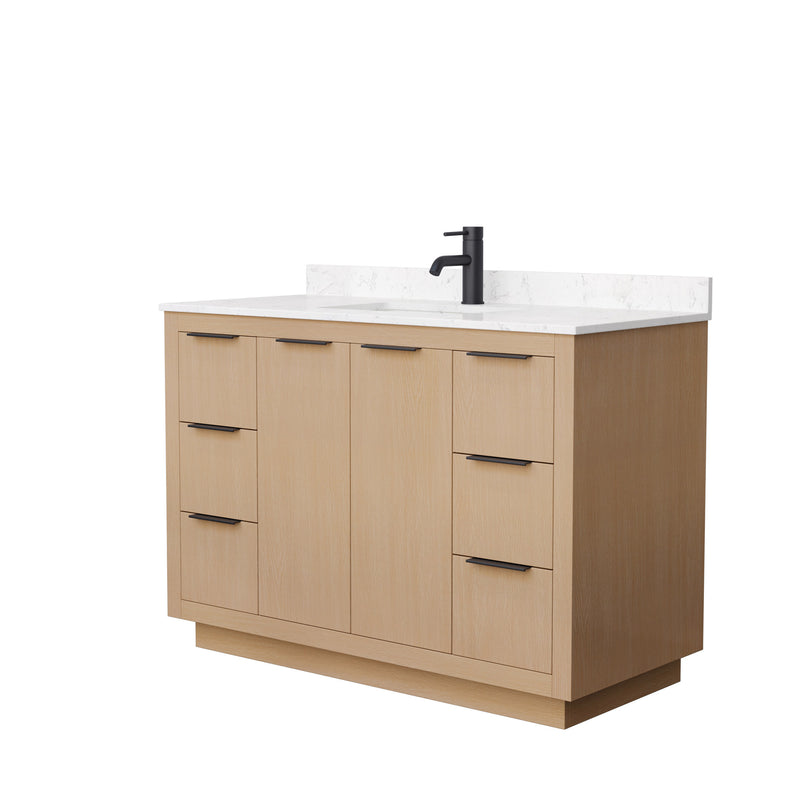 Wyndham Maroni 48" Single Bathroom Vanity In Light Straw Light-Vein Carrara Cultured Marble Countertop Undermount Square Sink Black Trims And No Mirror WCF282848SLBC2UNSMXX