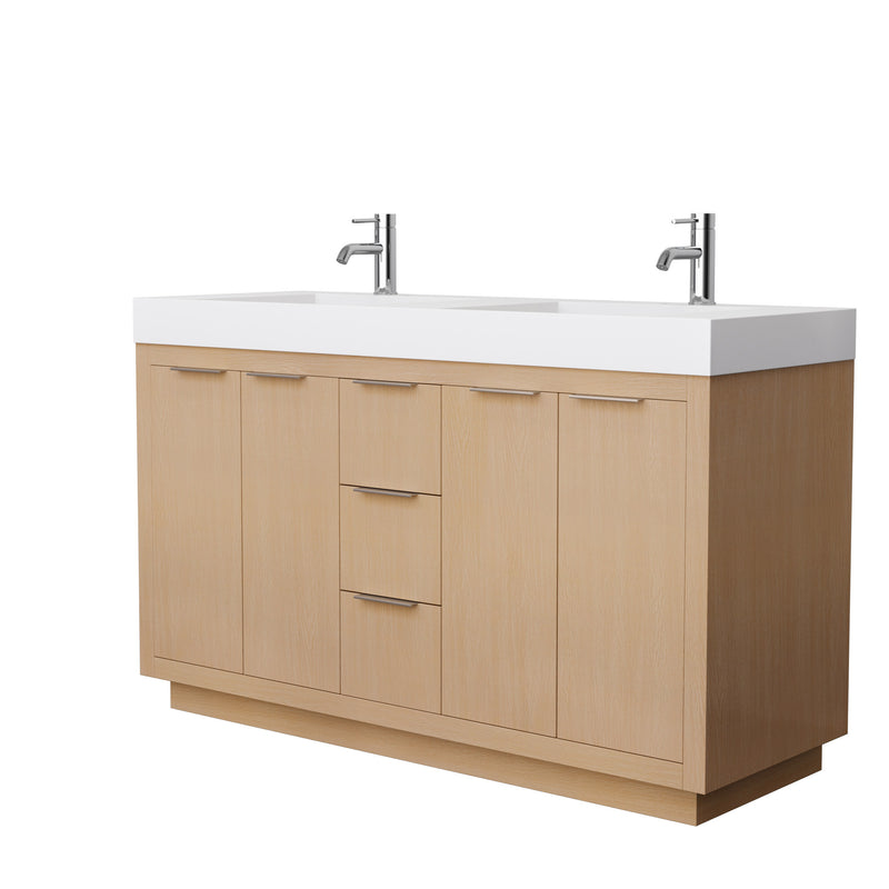 Wyndham Maroni 60" Double Bathroom Vanity In Light Straw Matte White Solid Surface In 4" Thickness Integrated Sinks And No Mirror WCF282860DLSK4INTMXX