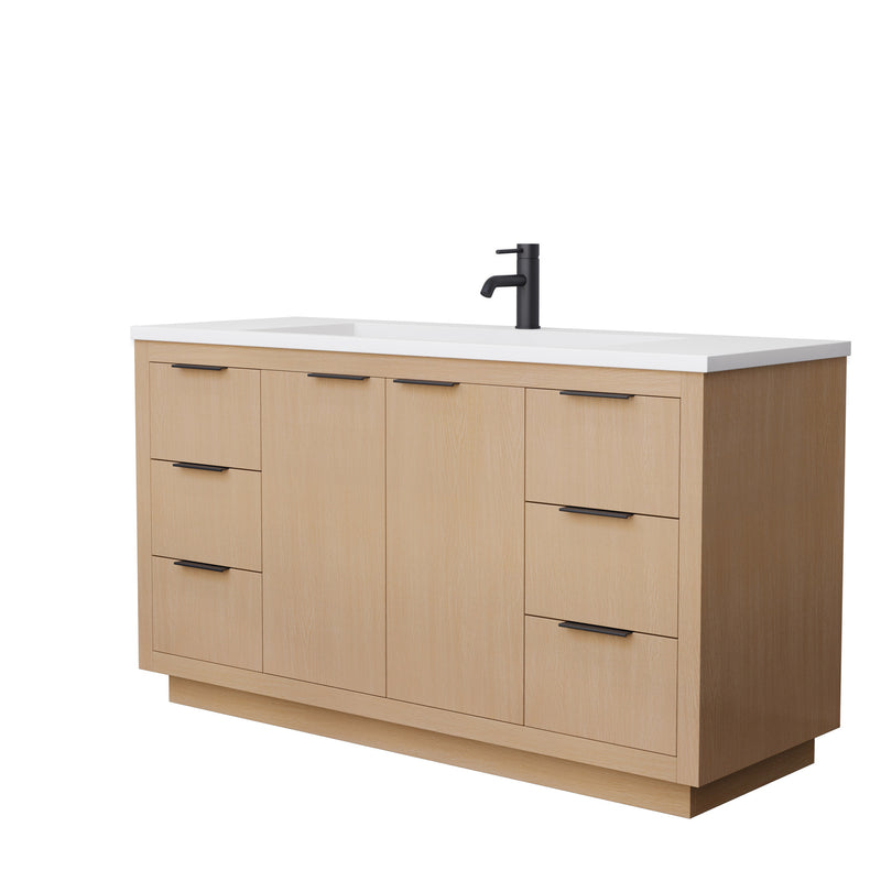 Wyndham Maroni 60" Single Bathroom Vanity In Light Straw Matte White Solid Surface In 1.25" Thickness Integrated Sink Black Trims And No Mirror WCF282860SLBK1INTMXX