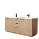 Wyndham Maroni 72" Double Bathroom Vanity In Light Straw Matte White Solid Surface In 1.25" Thickness Integrated Sinks Black Trims And No Mirror WCF282872DLBK1INTMXX