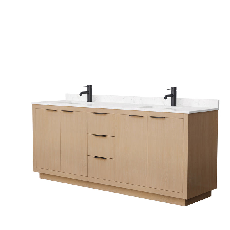 Wyndham Maroni 80" Double Bathroom Vanity In Light Straw Light-Vein Carrara Cultured Marble Countertop Undermount Square Sinks Black Trims And No Mirror WCF282880DLBC2UNSMXX