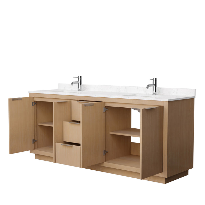 Wyndham Maroni 80" Double Bathroom Vanity In Light Straw Light-Vein Carrara Cultured Marble Countertop Undermount Square Sinks and No Mirror WCF282880DLSC2UNSMXX