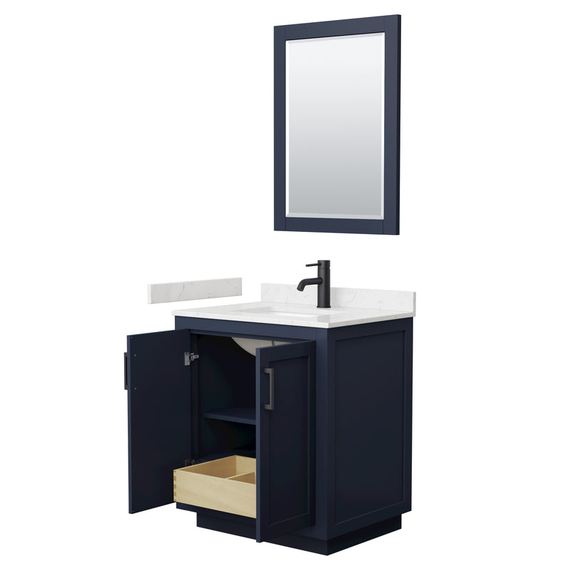 Wyndham Miranda 30" Single Bathroom Vanity In Dark Blue Light-Vein Carrara Cultured Marble Countertop Undermount Square Sink Matte Black Trim 24" Mirror WCF292930SBBC2UNSM24