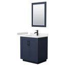 Wyndham Miranda 30" Single Bathroom Vanity In Dark Blue Light-Vein Carrara Cultured Marble Countertop Undermount Square Sink Matte Black Trim 24" Mirror WCF292930SBBC2UNSM24