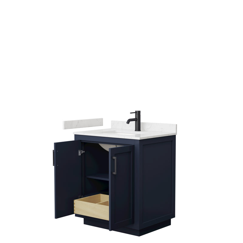 Wyndham Miranda 30" Single Bathroom Vanity In Dark Blue Light-Vein Carrara Cultured Marble Countertop Undermount Square Sink Matte Black Trim WCF292930SBBC2UNSMXX