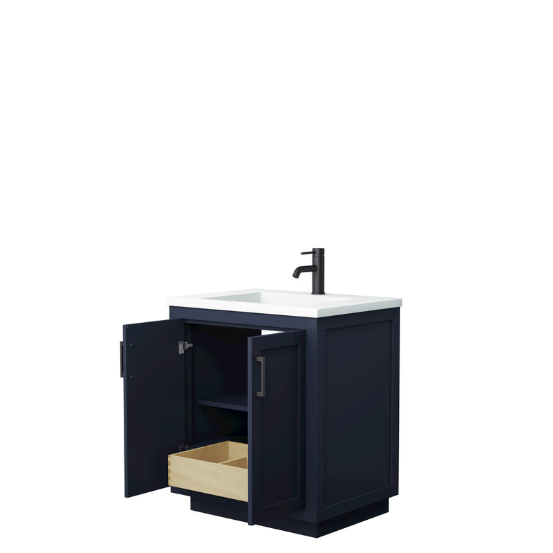 Wyndham Miranda 30" Single Bathroom Vanity In Dark Blue 1.25" Thick Matte White Solid Surface Countertop Integrated Sink Matte Black Trim WCF292930SBBK1INTMXX