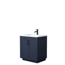 Wyndham Miranda 30" Single Bathroom Vanity In Dark Blue 1.25" Thick Matte White Solid Surface Countertop Integrated Sink Matte Black Trim WCF292930SBBK1INTMXX