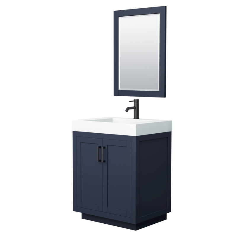 Wyndham Miranda 30" Single Bathroom Vanity In Dark Blue 4" Thick Matte White Solid Surface Countertop Integrated Sink Matte Black Trim 24" Mirror WCF292930SBBK4INTM24