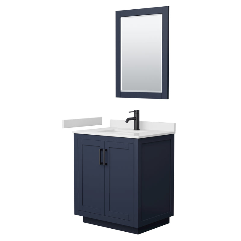 Wyndham Miranda 30" Single Bathroom Vanity In Dark Blue White Cultured Marble Countertop Undermount Square Sink Matte Black Trim 24" Mirror WCF292930SBBWCUNSM24