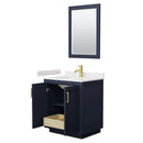 Wyndham Miranda 30" Single Bathroom Vanity In Dark Blue Light-Vein Carrara Cultured Marble Countertop Undermount Square Sink Brushed Gold Trim 24" Mirror WCF292930SBLC2UNSM24