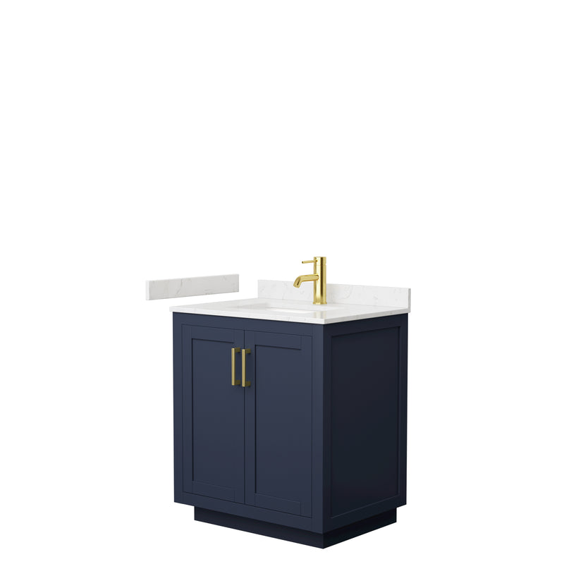 Wyndham Miranda 30" Single Bathroom Vanity In Dark Blue Light-Vein Carrara Cultured Marble Countertop Undermount Square Sink Brushed Gold Trim WCF292930SBLC2UNSMXX