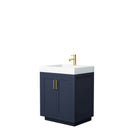 Wyndham Miranda 30" Single Bathroom Vanity In Dark Blue 4" Thick Matte White Solid Surface Countertop Integrated Sink Brushed Gold Trim WCF292930SBLK4INTMXX