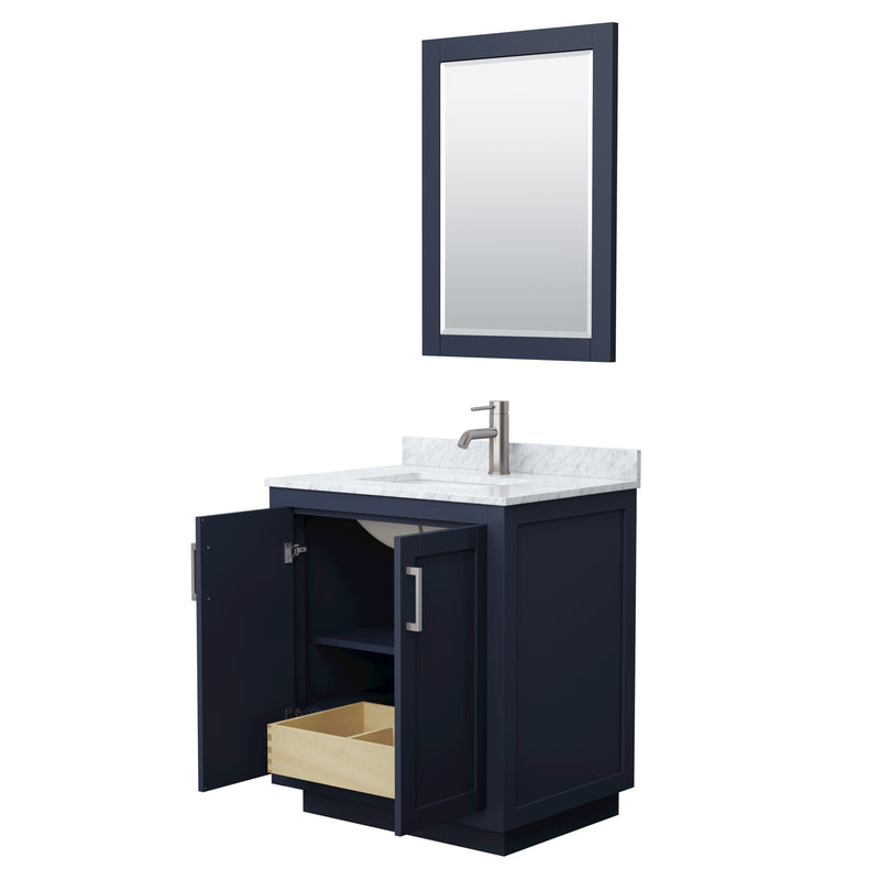 Wyndham Miranda 30" Single Bathroom Vanity In Dark Blue White Carrara Marble Countertop Undermount Square Sink Brushed Nickel Trim 24" Mirror WCF292930SBNCMUNSM24